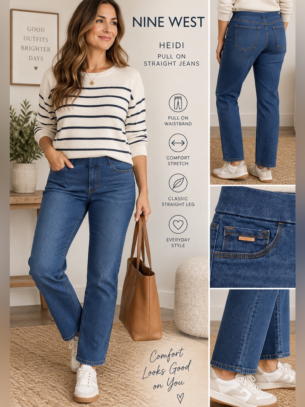 Nine West Heidi Full On Straight Pull On Jeans Size 6 Blue Stretch 28” Inseam